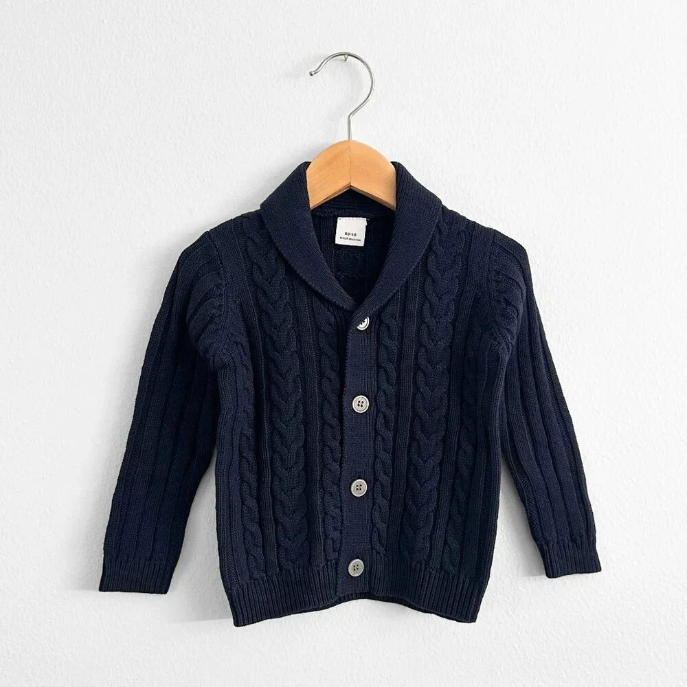 NWT Cute Boys Knitted Sweater Comfy & Warm Long Sleeve Button Down Navy 6-9M